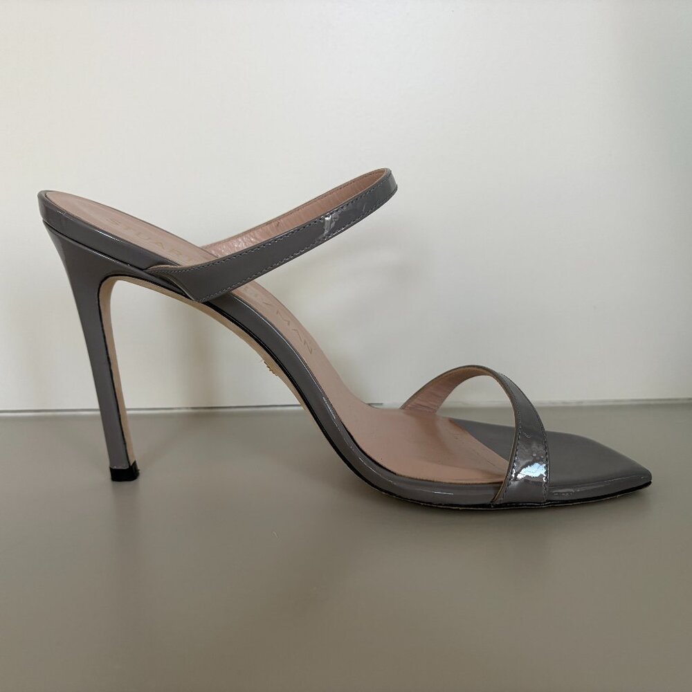 Stuart Weitzman Women's Aleena 100 Gray Patent Stiletto Heel Slide on Sandals